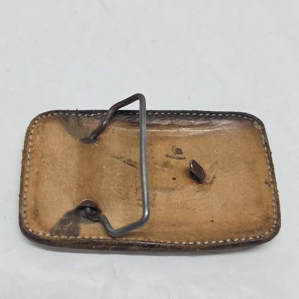 Vintage Unique Brahma Bull Western Belt Buckle Leather with Stitching Embroidery